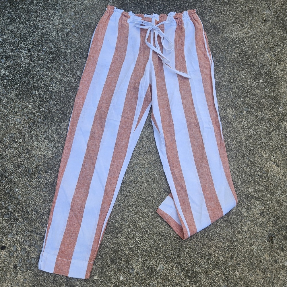 Beach Lunch Lounge Pants Womens M White Striped Linen Straight Leg Coastal Boho